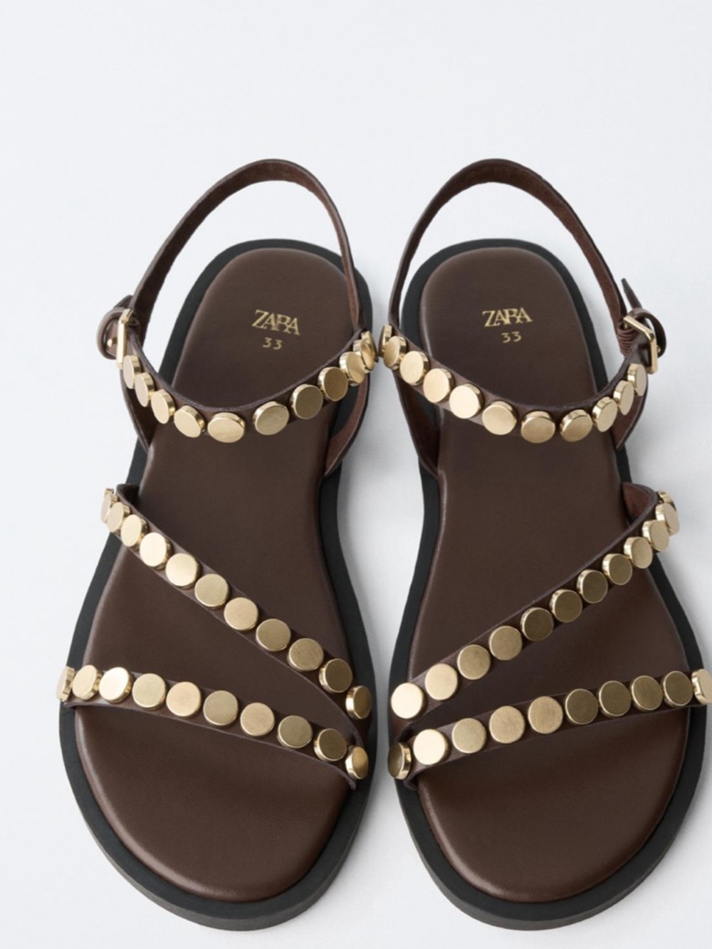 Zara Studded Strappy Sandals in Brown w/ Gold Rivets size 8 BRAND NEW never worn